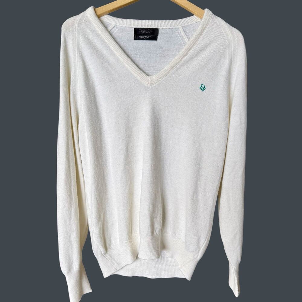 Vintage Christian Dior Sweater Large Cream White V-Neck Knit Orlon Logo USA